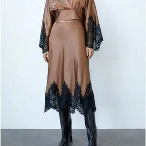 ZARA Lace Trim Satin Midi Skirt - Caramel Brown Size XS
